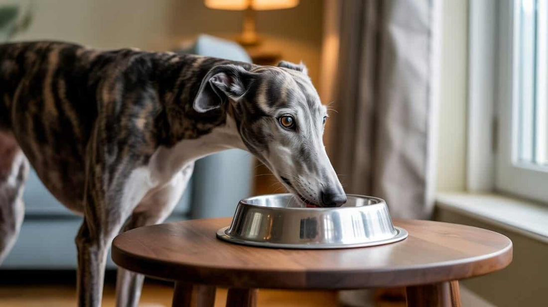 Brindle greyhound eating from a metal bowl on a wooden table indoors.