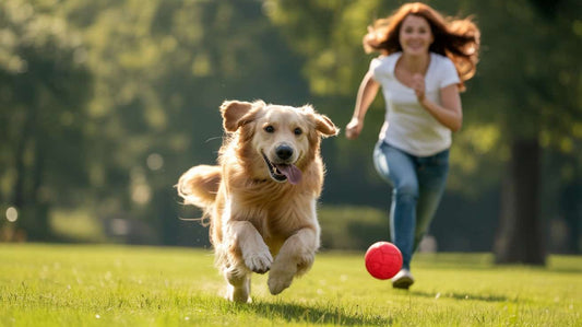 Golden retriever dog chasing a red ball with woman in a park.