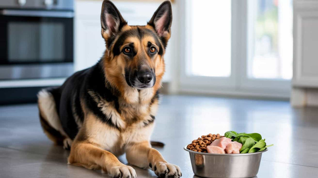 German Shepherd with a bowl of dog food, raw chicken, and spinach on kitchen floor.