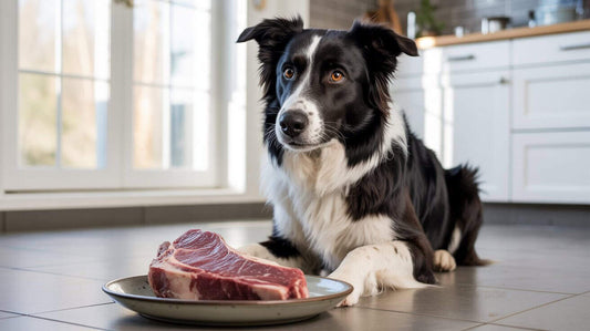 Dog sitting on kitchen floor beside raw steak on plate.